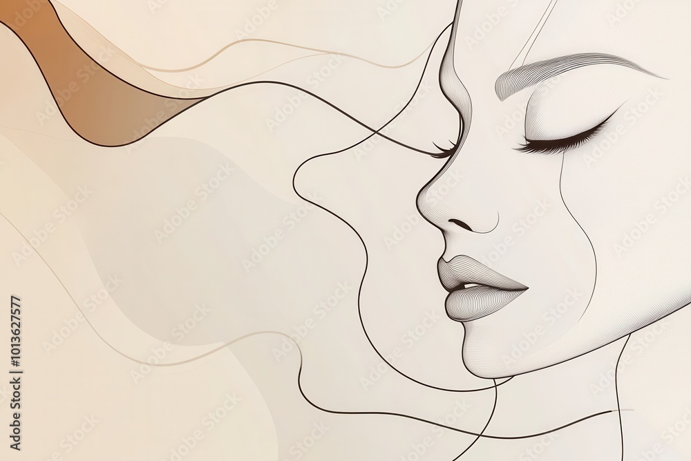 Aufkleber an elegant representation of a female face, illustrated with flowing lines that convey tranquility a
