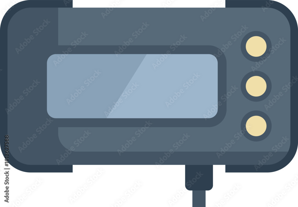 Poster electronic device showing empty screen with buttons and cable for data transfer