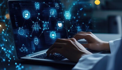 A person typing on a laptop displaying digital health and technology icons.