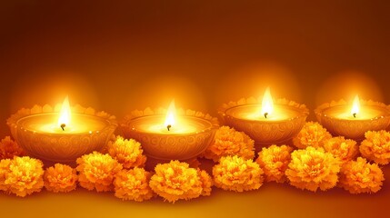 Glowing diyas and marigold flowers creating a warm festive atmosphere