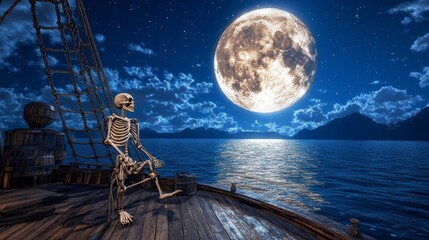 Skeleton gazing at the full moon from a ship at night