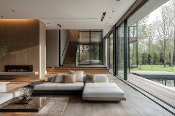 Obraz premium Modern living room with large windows overlooking a serene garden and staircase