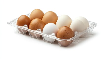 A close-up of brown and white eggs in a transparent carton, set against a white background. The packaging showcases the eggs smooth texture and farm-fresh quality.