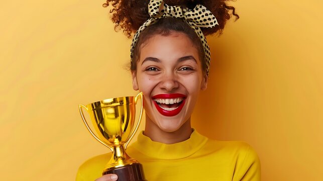 A happy young woman with a vibrant red lipstick smile, holding a golden trophy, radiating excitement and accomplishment in an elegant outfit
