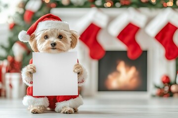 Small dog in a Santa outfit holding a blank poster, with a festive fireplace and holiday decor behind, perfect for Christmas pet products promotion