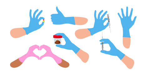 Hands wearing medical gloves showing different gestures. Medical injections, medications, medical tests. Various gestures. Healthcare, medical Vector illustration in flat style isolated on white