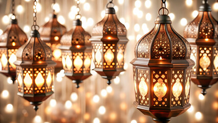 Obraz premium 3D Glossy Diwali Hanging Lamps with Glowing Light Patterns on Dark Elegant Background - Festive Decor Icon for Celebrations and Cultural Events