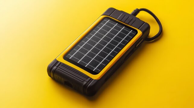 Portable solar power bank on yellow background for outdoor charging
