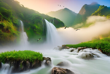 Fototapeta premium waterfall, water, river, nature, landscape, stream, falls, rock, cascade, forest, niagara, green, park, canada, fall, flowing, waterfalls, spring, flow, tree, natural, rainbow, rocks, scenic, beautifu