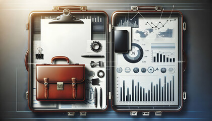 Briefcase and chart border frame with Performance Metrics text and copy space concept as A sleek border frame featuring a briefcase and chart at opposite corners with the text Performance Metrics prom
