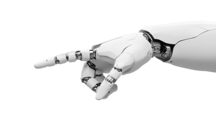 Futuristic White Robotic Arm Pointing, Sleek Mechanical Hand Gesture, Advanced Technology Concept, AI and Automation Innovation, Prosthetic on Light Background