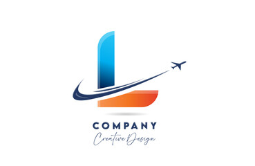 L corporate letter alphabet logo icon design with swoosh plane suitable for an air or aerospace travel company or business