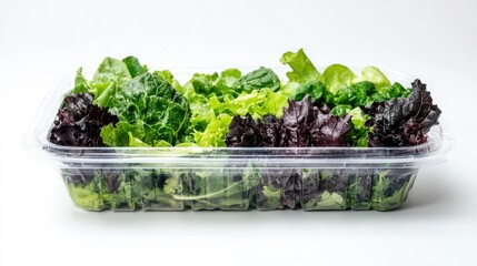 A fresh green salad mix sealed in a transparent plastic container, displayed on a clean white background. The packaging highlights the vibrant and healthy greens.