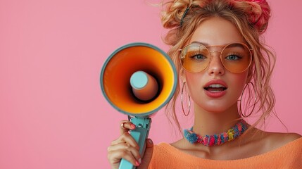 A young woman with a megaphone against a pink background, promoting a vibrant lifestyle.