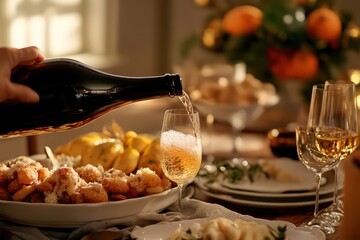 A person pouring sparkling cider for a Thanksgiving toast.