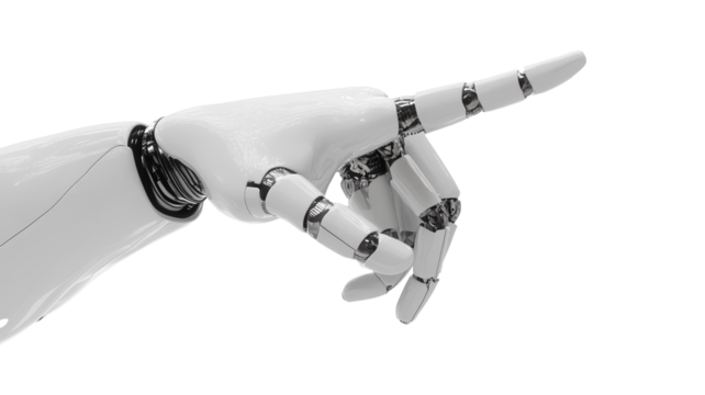 Futuristic White Robotic Arm Pointing, Sleek Mechanical Hand Gesture, Advanced Technology Concept, AI and Automation Innovation, Prosthetic on Light Background