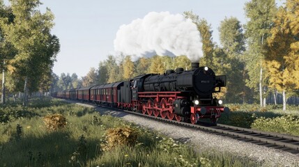 Fototapeta premium The steam train moves steadily along the tracks, billowing smoke while flanked by vibrant green trees, evoking nostalgia for classic railway journeys in nature