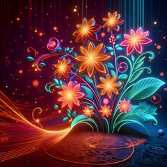 3D Abstract Neon Design of Labh Pancham with Glowing Flowers - Vibrant Digital Art Banner Symbolizing Beauty and Prosperity Against a Dark Background