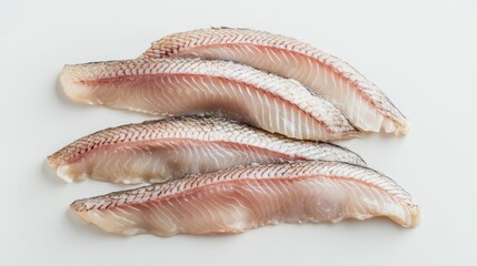 A package of raw mackerel fillets, arranged on a white background, highlighting their freshness for grocery store promotions.