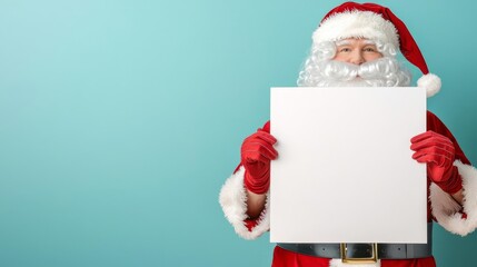 Naklejka premium Modern Santa Claus in a minimalist setting holding a blank white poster, clean and simple background, perfect for corporate holiday messaging