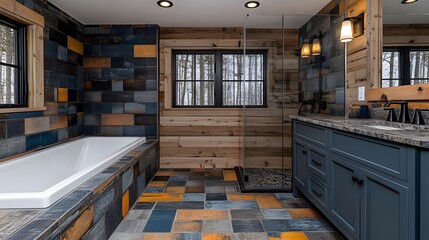 Industrial chic loft cabin bathroom featuring stone tiles, an open shower, and rustic wooden accents for a modern rustic feel