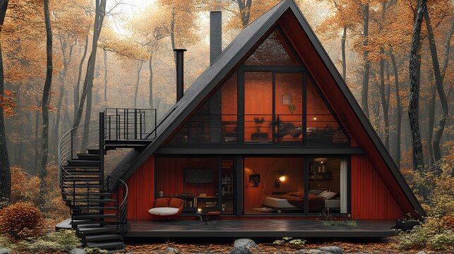 Modern loft-style cabin with a large spiral staircase, metal railings, and wood-paneled walls creating a chic industrial aesthetic - Powered by Adobe