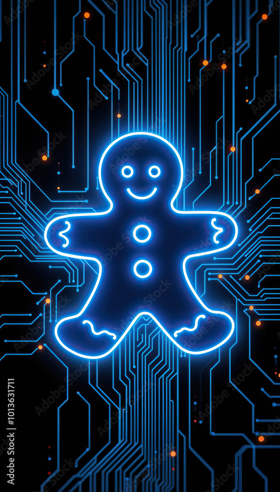 Poster neon blue xmas christmas gingerbread man outline on dark technology background with glowing circuit 
