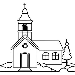 A snow-covered church with a bell tower