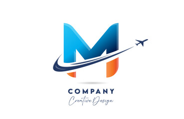 M corporate letter alphabet logo icon design with swoosh plane suitable for an air or aerospace travel company or business