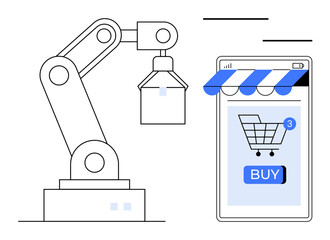 Robotic arm lifting a box next to a smartphone displaying an online shopping cart with a BUY button. Ideal for Technology, E-commerce, Automation, Robotics, Online Retail. Simple modern style