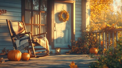 Obraz premium Cozy Autumn Porch Scene with Pumpkins