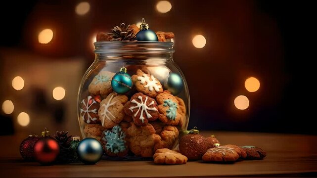 Glass jar filled with various cookies and decorated with christmas ornaments soft lighting in the background, festive treats, holiday joy, christmas cheer