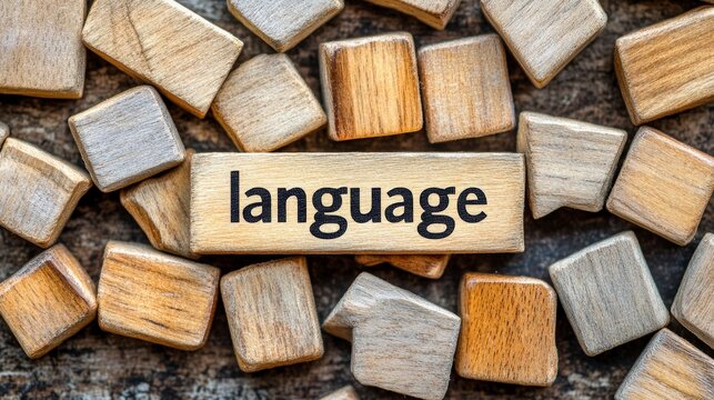 Wooden blocks displaying the word language on a textured surface