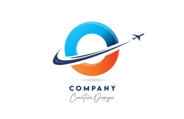 O corporate letter alphabet logo icon design with swoosh plane suitable for an air or aerospace travel company or business