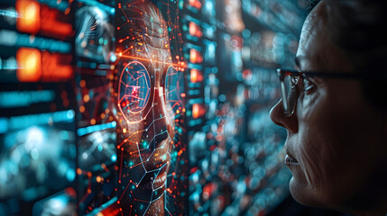 Obraz premium Close-up of a woman in glasses intensely observing a digital interface filled with futuristic graphics, data, and holographic elements, reflecting technology and AI