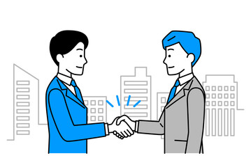 ビル群を背景に握手をするスーツの男性二人