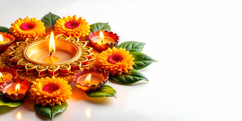 Obraz premium 3D Glossy Diwali decorations with glowing flowers and leaves arranged in a vibrant and colorful background concept as A vibrant background image featuring glossy Diwali decorations with glowing flower