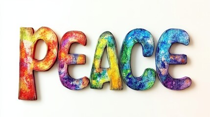Colorful artistic letters spell the word peace on white background