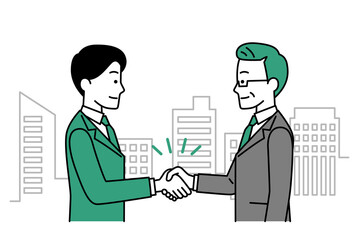 ビル群を背景に握手をする若いスーツの男性と中年のスーツの男性