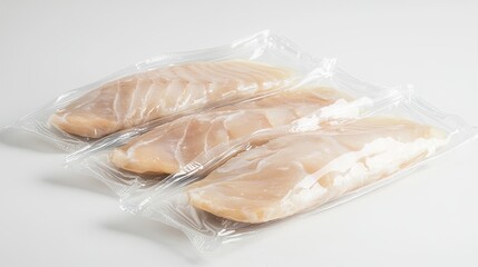 Close-up of sole fillets in vacuum-sealed plastic, displayed on a white background with space for branding or text, perfect for seafood ads.