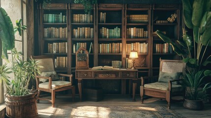 A library corner filled with South Asian classics, old wooden chairs, and a desk with an oil lamp, blank copy space