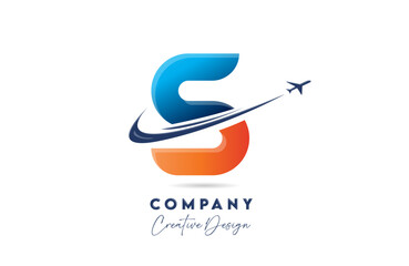 S corporate letter alphabet logo icon design with swoosh plane suitable for an air or aerospace travel company or business