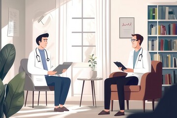 Fototapeta premium A doctor explains a medical diagnosis to a patient in a well-lit consultation room while reviewing notes on a tablet. Generative AI