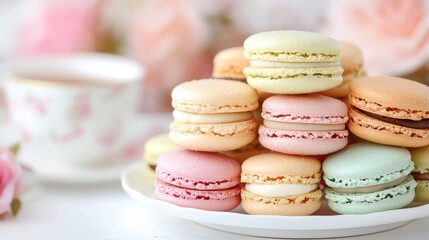 Fototapeta premium A colorful assortment of delicate macarons arranged on a plate, accompanied by a floral backdrop and a cup of tea.
