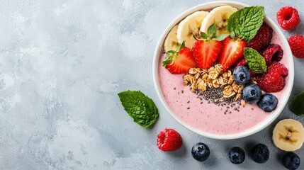 A colorful smoothie bowl topped with fresh fruits, granola, and mint leaves, perfect for a healthy breakfast or snack.