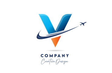 V corporate letter alphabet logo icon design with swoosh plane suitable for an air or aerospace travel company or business