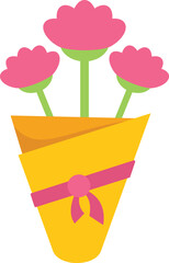 Simple bouquet of pink carnations wrapped in yellow paper and tied with a pink ribbon