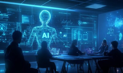 People working on AI with digital projections.
