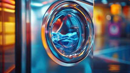 A close-up of a washing machine drum filled with blue clothes, showcasing laundry in action.