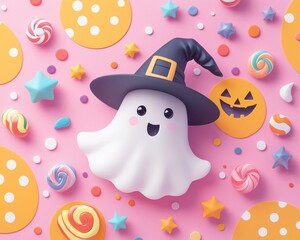 Cute Ghost in Witch Hat with Colorful Sweets